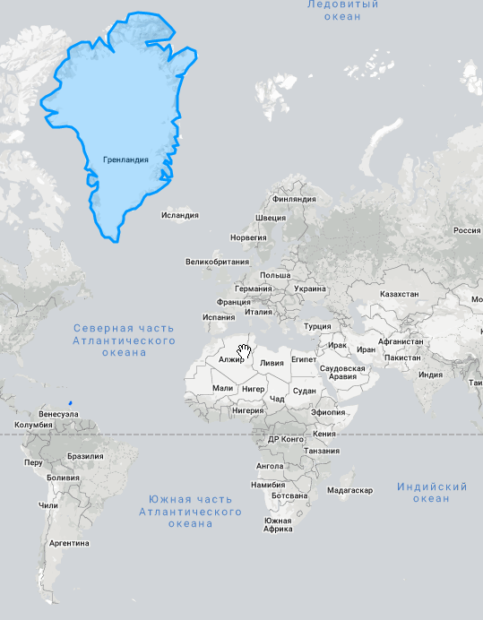 Сопоставление размеров Гренландии и Южной Америки