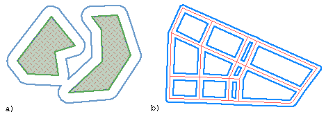 Построение буферных зон: a -в виде контуров; b - в виде линий