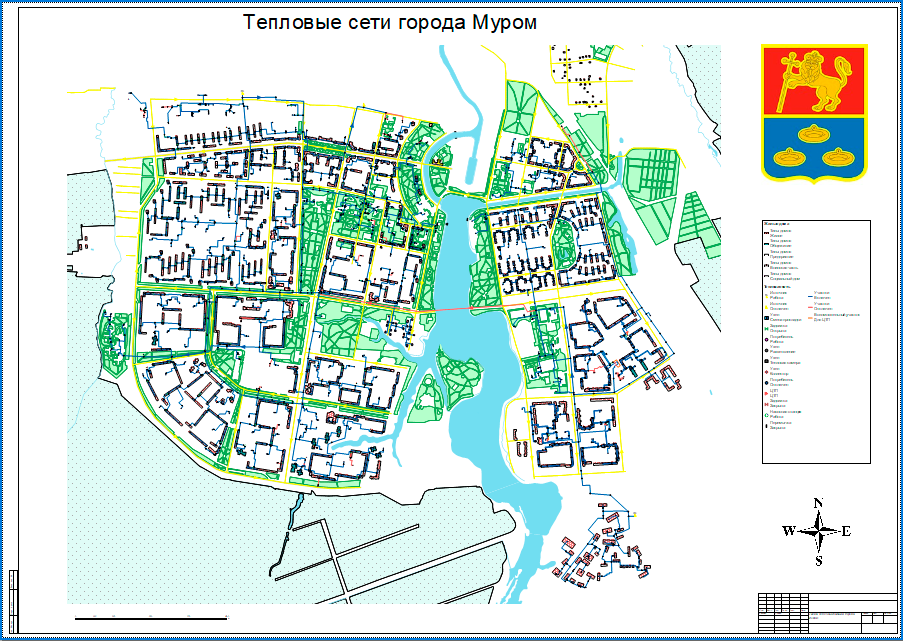 Настроенный макет с картой города на листе A0, область печати задана по размерам слоя Тепловая сеть в масштабе 1:5000
