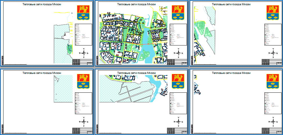 Предварительный просмотр макета с картой города на листе A1, область печати задана По габаритам слоя Тепловая сеть, масштаб 1:5000