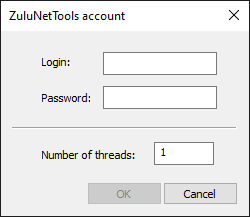 Окно ввода учетных данных ZuluNetTools