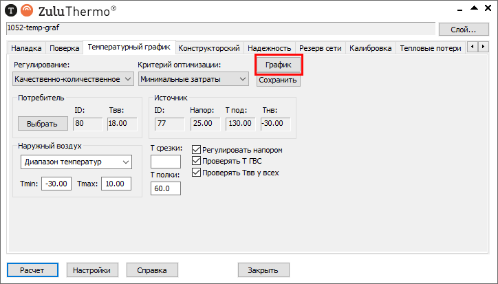 Просмотри графика - результат расчета температурного графика